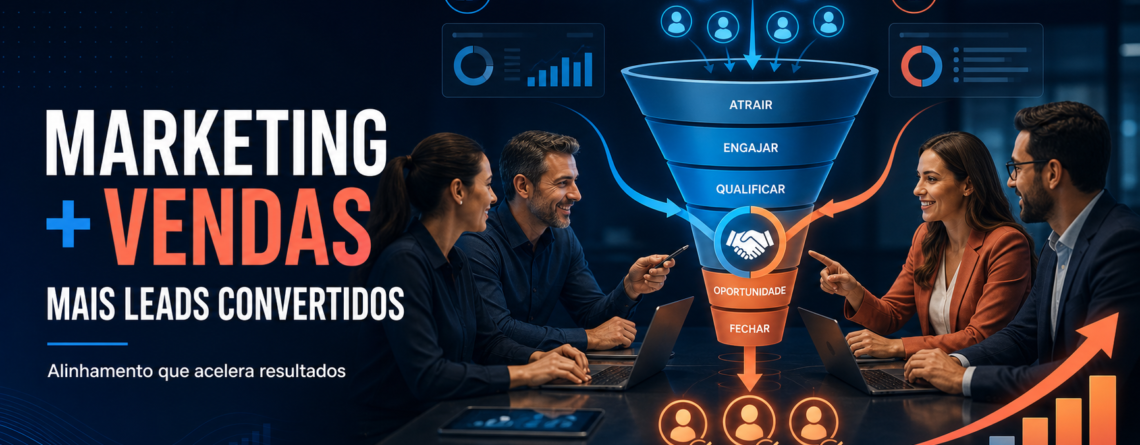 Equipe de marketing e vendas reunida, com representação das etapas do funil comercial.