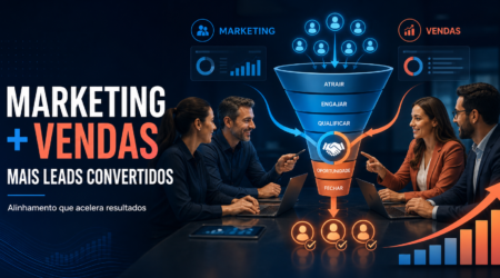Equipe de marketing e vendas reunida, com representação das etapas do funil comercial.