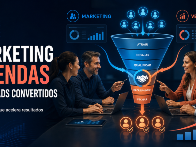 Equipe de marketing e vendas reunida, com representação das etapas do funil comercial.