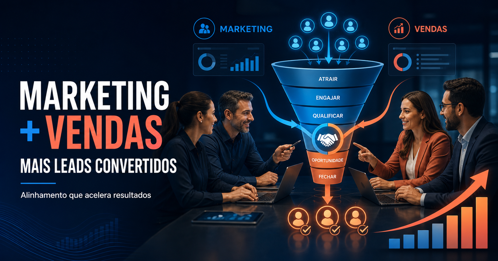 Equipe de marketing e vendas reunida, com representação das etapas do funil comercial.
