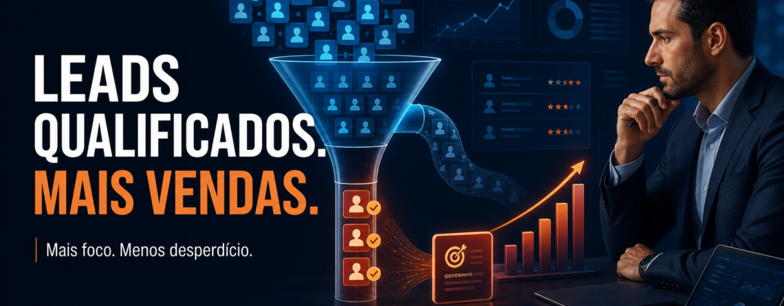 Ilustração de qualificação de leads, com funil de contatos, análise de oportunidades e gráfico de vendas.