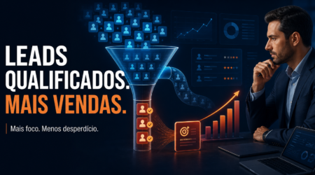Ilustração de qualificação de leads, com funil de contatos, análise de oportunidades e gráfico de vendas.
