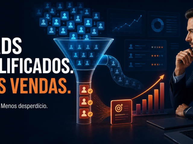 Ilustração de qualificação de leads, com funil de contatos, análise de oportunidades e gráfico de vendas.