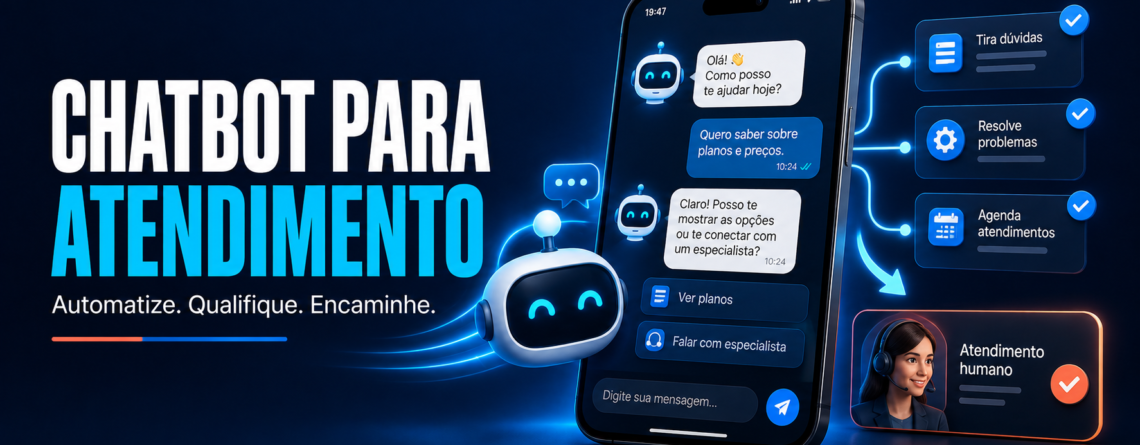 Ilustração de chatbot para atendimento com automação, qualificação e encaminhamento para atendente humano.