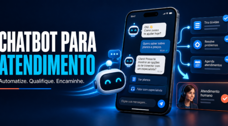 Ilustração de chatbot para atendimento com automação, qualificação e encaminhamento para atendente humano.