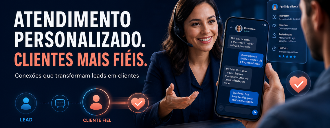 Ilustração de atendimento personalizado, com consultora conversando com cliente e mensagens no celular.
