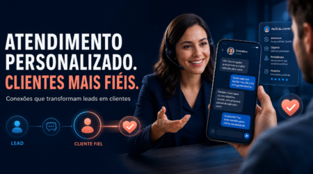 Ilustração de atendimento personalizado, com consultora conversando com cliente e mensagens no celular.