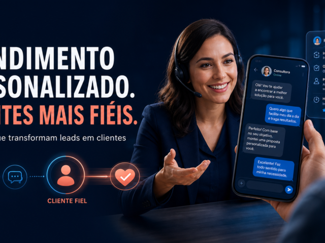 Ilustração de atendimento personalizado, com consultora conversando com cliente e mensagens no celular.