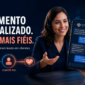 Ilustração de atendimento personalizado, com consultora conversando com cliente e mensagens no celular.