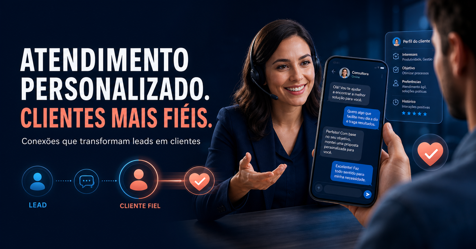 Ilustração de atendimento personalizado, com consultora conversando com cliente e mensagens no celular.