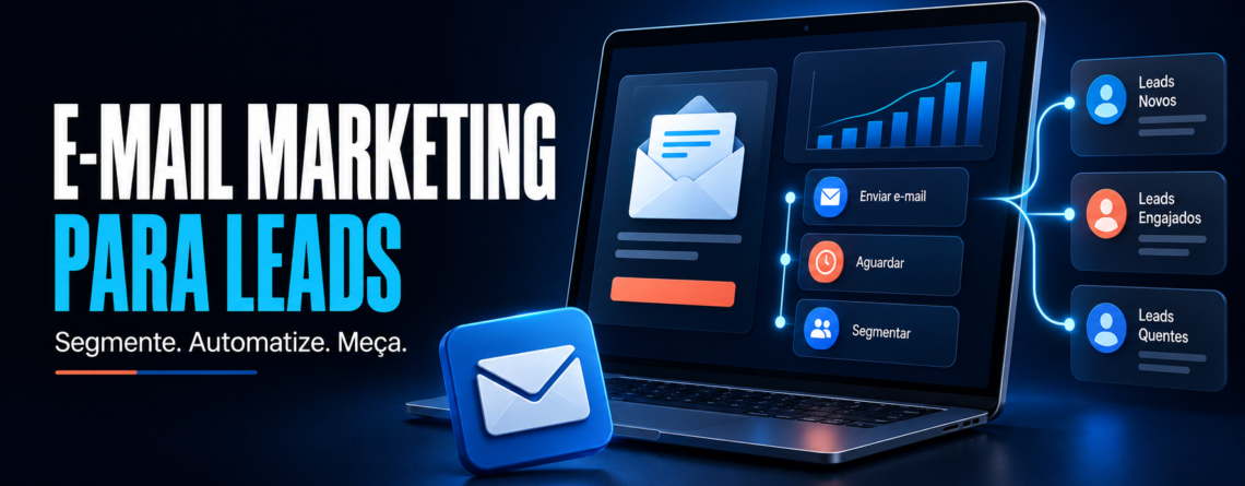 Ilustração de e-mail marketing para leads com segmentação, automação e painel de resultados.