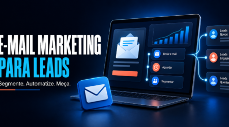 Ilustração de e-mail marketing para leads com segmentação, automação e painel de resultados.
