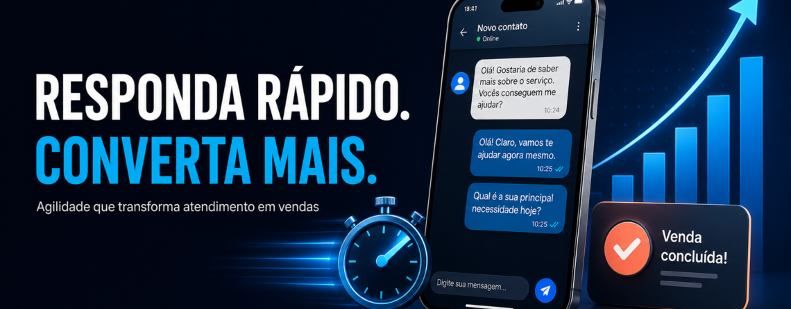 Ilustração de atendimento a leads pelo celular, com cronômetro e gráfico de vendas.
