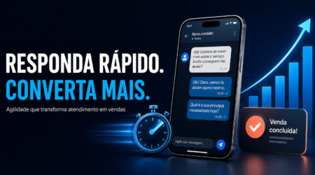 Ilustração de atendimento a leads pelo celular, com cronômetro e gráfico de vendas.