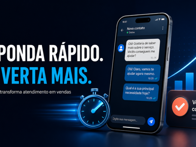Ilustração de atendimento a leads pelo celular, com cronômetro e gráfico de vendas.