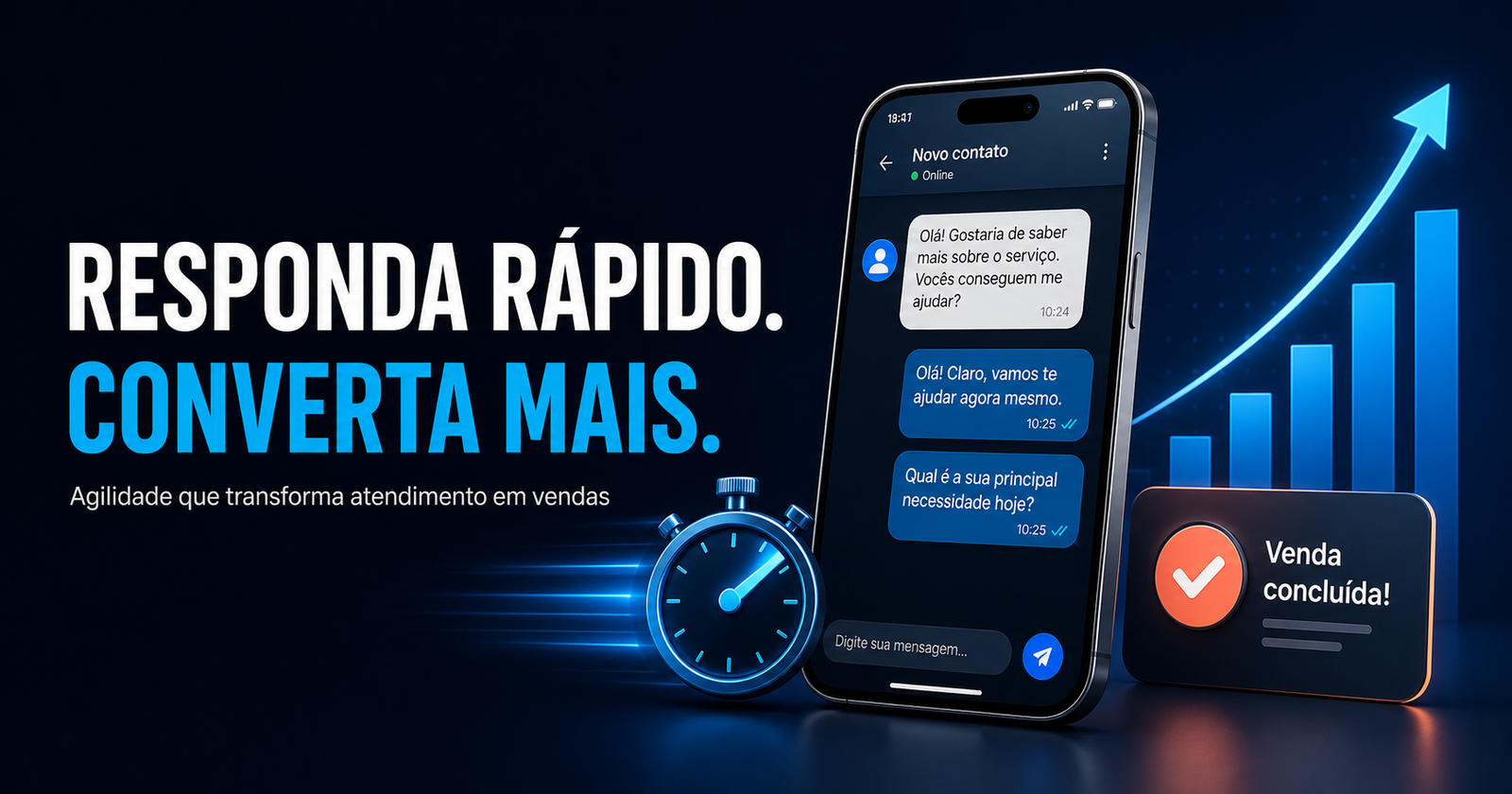 Ilustração de atendimento a leads pelo celular, com cronômetro e gráfico de vendas.